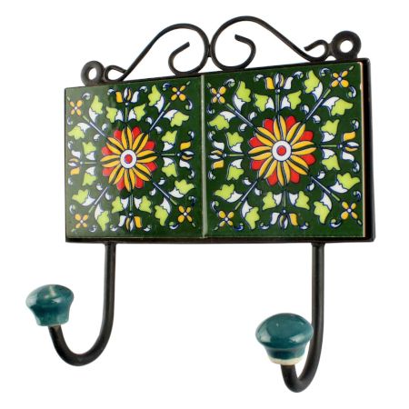 Wheel Flower Ceramic Tile Wall Hook in Forest Green